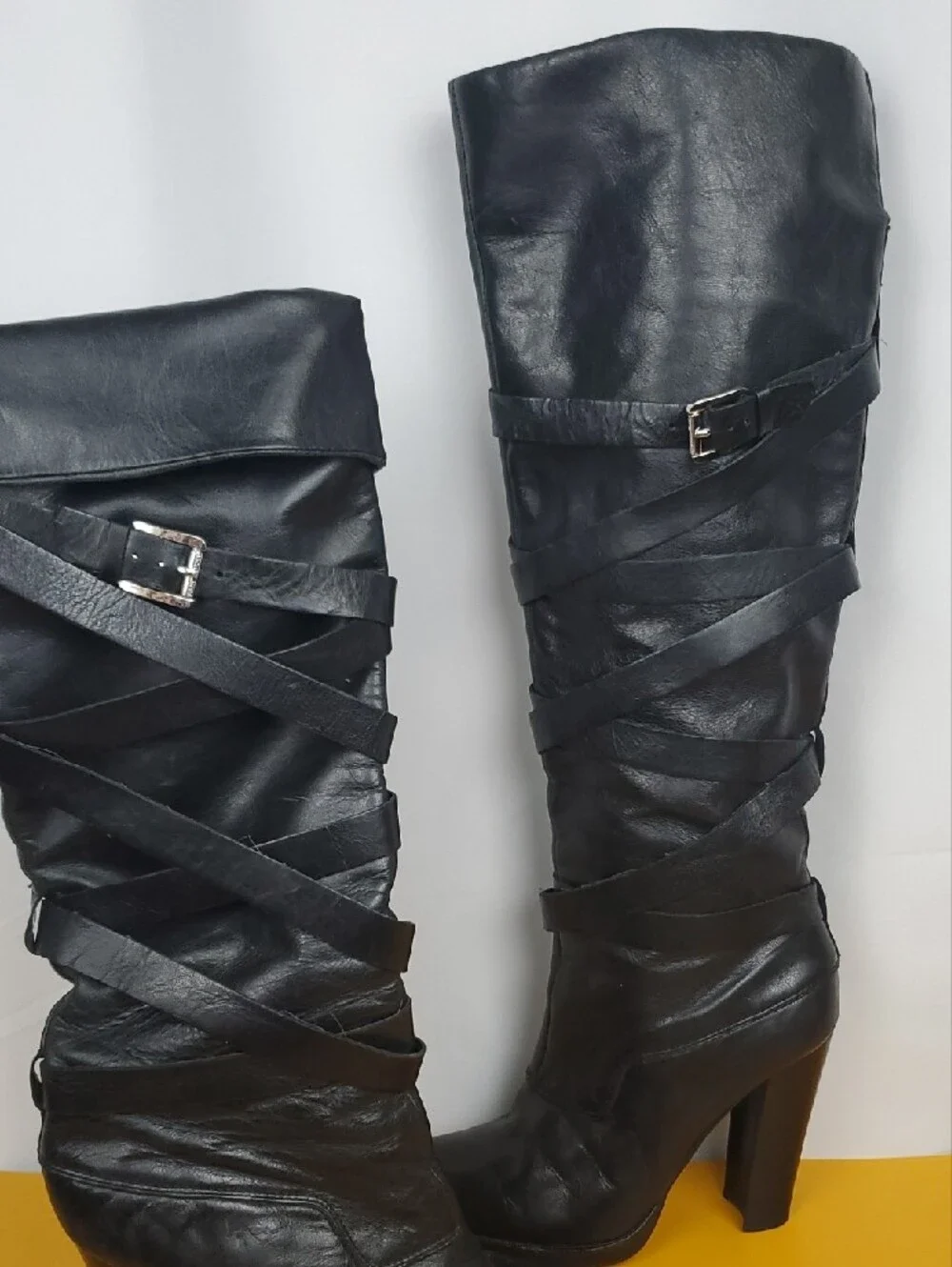 Michael Kors Black Over-the-Knee Leather Boots with Wrap Straps